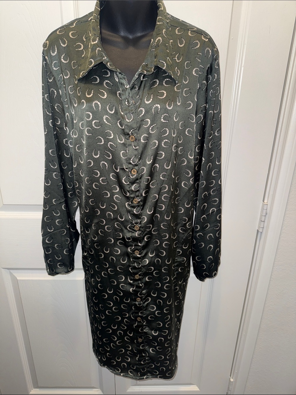 Cato Dark Green Long-Sleeve Button-Front Dress with Crescent Print